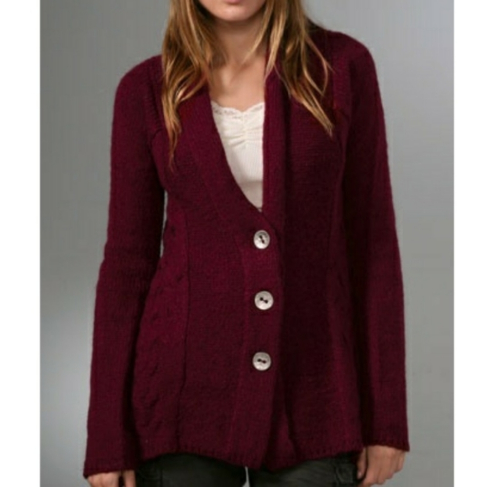 Free People Burgundy Far Away Cable Knit Cardigan Size Medium